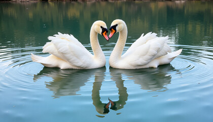 Fototapeta premium Two swans forming a heart shape with their necks on a serene lake, Valentine’s Day celebration