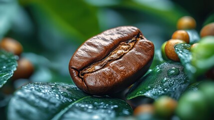 Obraz premium Close-up of a coffee bean on lush green leaves with water droplets.