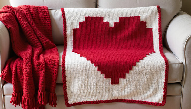 Cozy blanket with a pixel heart pattern on a sofa for a warm home environment, Valentine’s Day celebration