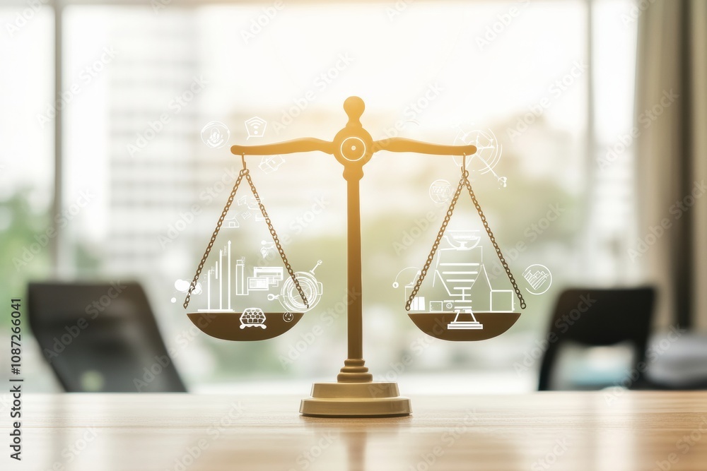 Poster A set of justice scales balances symbols of law and commerce while a modern cityscape is visible in the background. Generative AI