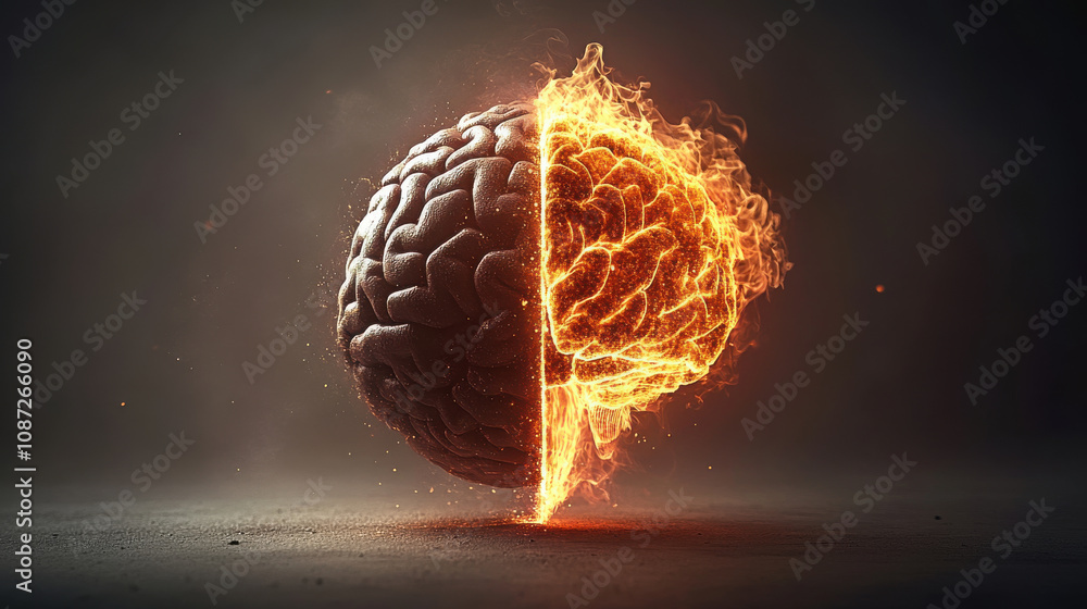 Poster concept of artificial intelligence with brain split in fire and calm