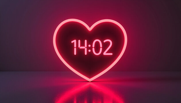 Neon heart clock displaying date February 14, modern design, vibrant mood, love concept, Valentine&rsquo;s Day celebration
