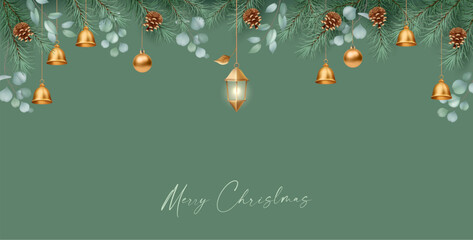 Minimalistic Christmas and New Year background. Elegant Christmas design with pine branches, a Christmas ball and lantern © Nadezda Kostina