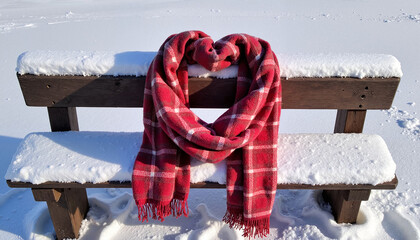 Red plaid scarf in heart shape on snow-covered bench, winter mood, outdoor scene, love concept, Valentine’s Day celebration
