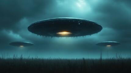 Obraz premium Three UFOs float ominously in a dark, cloudy sky, casting an awe-inspiring, fearsome presence over an empty field, creating a dramatic atmospheric effect.