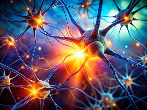 Silhouette of Unipolar Neurons Against a Colorful Gradient Background Illustrating Neural Communication in the Human Nervous System for Educational Purposes