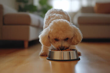 Wohlgenährter Hund genießt seine Mahlzeit in einer hellen Wohnung

