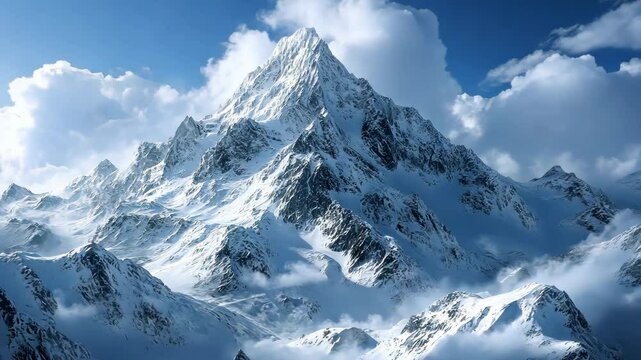 The rugged beauty of snow-covered mountain peaks, where the cold air bites and the views stretch endlessly, captures the essence of winter&acirc;&euro;&trade;s power and grace. 4K hyperrealistic. Video