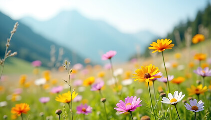 Obraz premium A vibrant meadow filled with colorful wildflowers swaying in a gentle breeze against a soft, blurred mountain background.