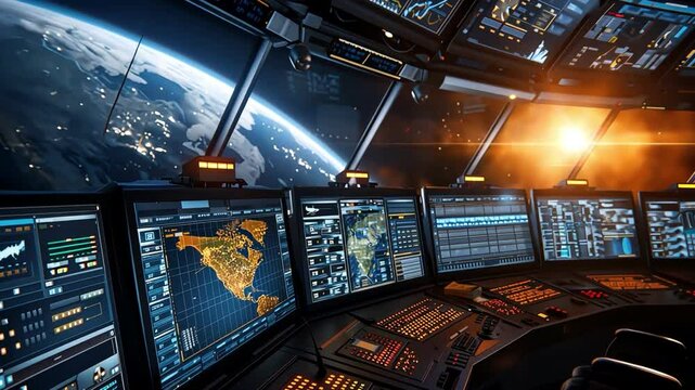 Military command center with strategic displays and communication panels.