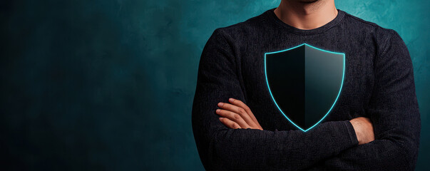 Protecting Privacy from Cyberbullying. A confident individual in a dark sweater with a shield symbol representing security.