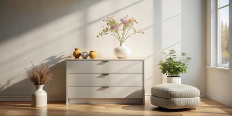 A serene interior space with a white dresser, potted plants, and delicate floral arrangements, bathed in soft natural light.