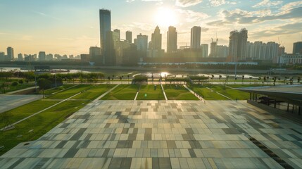 Empty square floor with city skyline background, City skyline under dramatic clouds, moody atmosphere before the storm