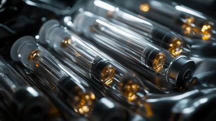 Naklejka premium Sterile medical packaging with syringes and ampoules in transparent wrap, emphasizing sealed protection and clean design, ideal for pharmaceutical and healthcare themes.