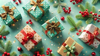 Festive Gift Boxes Adorned with Red and Gold Ribbons and Bows Surrounded by Sparkling Gold Stars and Festive Holly Sprigs on a Turquoise Background