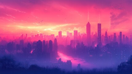 Fototapeta premium Vibrant city skyline at sunset with colorful atmospheric effects.