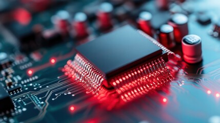 A detailed macro image of a computer microchip glowing red, capturing the essence of modern computing power and electronic design in the digital age.