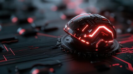 A shiny, dome-like structure with red illumination sits atop an intricate network of circuits, depicting advanced technology and innovative design principles.