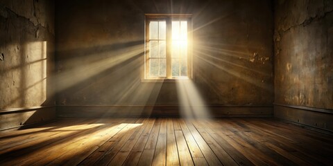 Sunlight streams through a window illuminating an empty room with worn wooden floors and peeling walls.