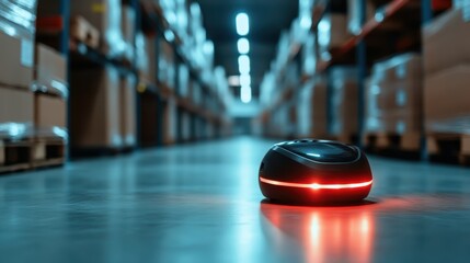 A sleek, autonomous robot with a red glow navigates through a long, brightly lit warehouse aisle surrounded by shelves filled with various cardboard boxes.
