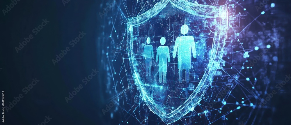 Poster digital shield symbolizing protection of personal data and privacy in a networked environment.