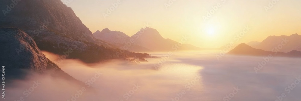 Poster golden sunlight breaks over the mist-covered peaks, illuminating the serene landscape and creating a