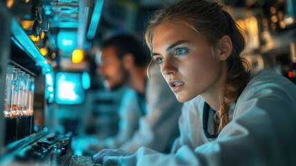 A team of marine biologists studies seafloor samples using advanced technology in their onboard laboratory, focused and engaged in research.