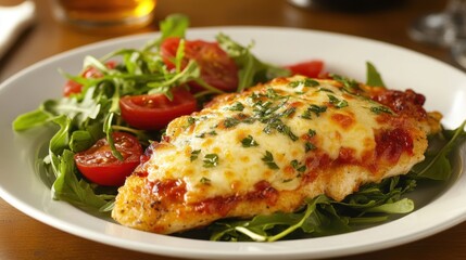 Delicious chicken parmesan on a bed of fresh arugula and cherry tomato salad