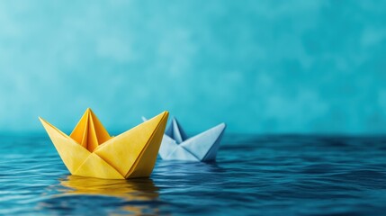 The image features yellow and blue paper boats delicately floating on a calm water surface, representing simplicity, creativity, and imaginative exploration.