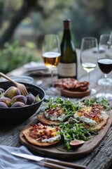 Gourmet outdoor dining with flatbread and wine in a rustic setting