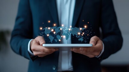 A digital world map appears to float above a tablet held by a person, symbolizing global communication and connectivity through advanced technologies.