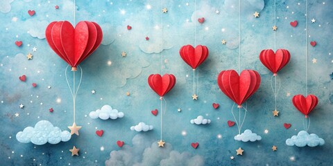 A whimsical illustration of red paper heart balloons floating in a blue sky with clouds and stars