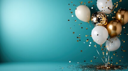 An arrangement of white and gold balloons adorned with confetti stands out against a vibrant teal background, perfectly capturing festive occasions and celebrations.
