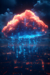Glowing cloud data raining over city.