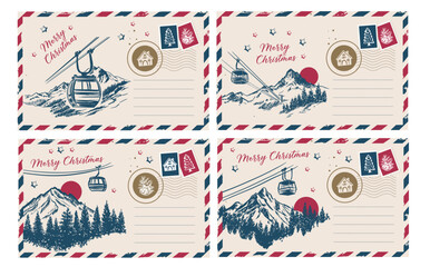 Christmas mail with mountains, postcard, hand drawn illustration.	
