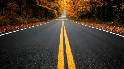 Obraz premium Scenic Autumn Highway Surrounded by Vibrant Trees - Tranquil Road in Rich Shades of Orange and Yellow Perfect for Fall Season Themes and Nature Photography