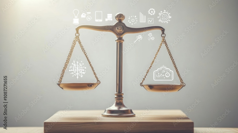 Poster the balanced scale represents justice while technology and data icons highlight the role of innovati