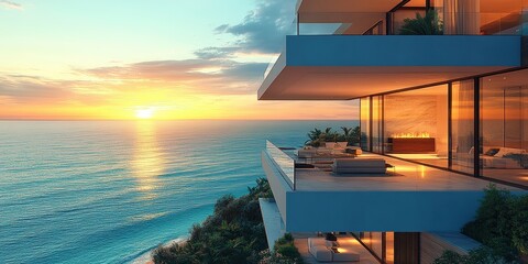 Fototapeta premium Modern Apartment Complex with Glass Balconies Overlooking Serene Ocean View at Sunset, Ideal for Luxury Living and Real Estate Promotion