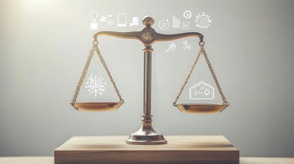 The balanced scale represents justice while technology and data icons highlight the role of innovation in today's society. Generative AI