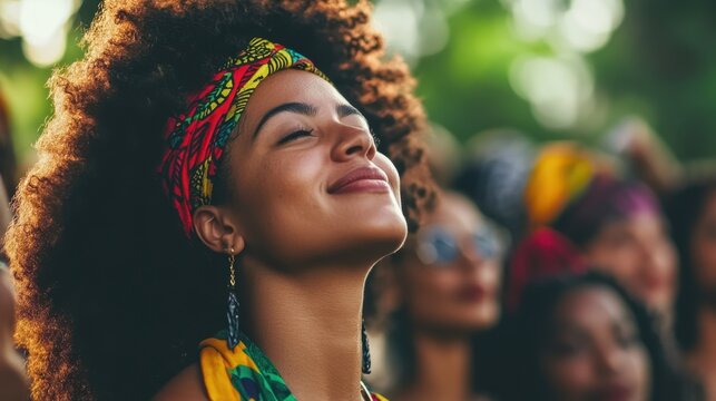 Joyful woman embracing summer vibes at outdoor festival Black Consciousness Day