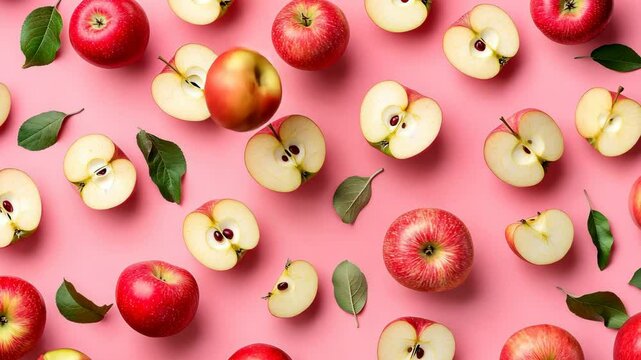 Colorful pattern of fresh ripe whole and sliced red apples 4K Video