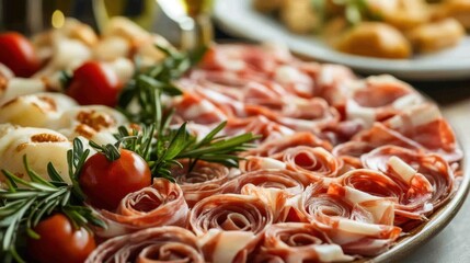 Elegant antipasto platter with cured meats, mozzarella, tomatoes, and fresh rosemary for gourmet entertaining