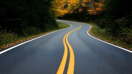 Fototapeta premium Autumn Serenity Winding Road Through Golden-Hued Forest - Tranquil Highway Scene Capturing Natures Beauty in Rural Settings