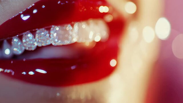 Close-up shot features a woman with red lipstick, smiling brightly while showcasing her dazzling diamond grillz teeth. The image captures beauty, luxury, and glamour effortlessly