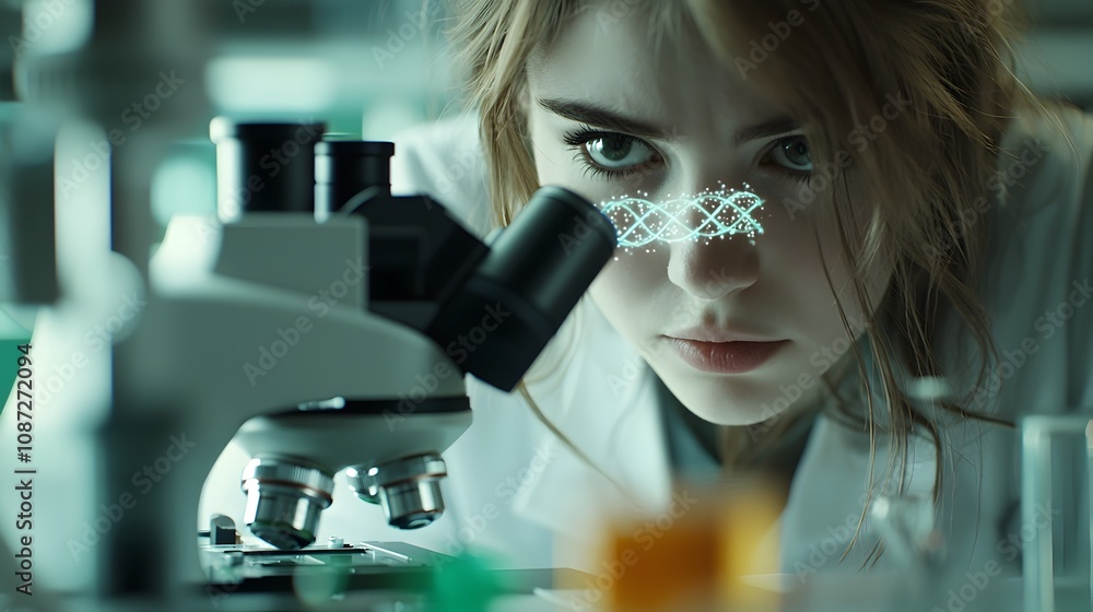 Poster biotech researcher peering through a high powered microscope examining intricate molecular structure