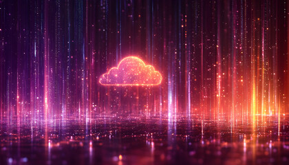 Glowing cloud icon over digital city.