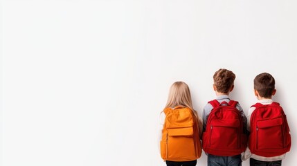Three children stand with their backs facing the camera, showcasing vibrant red and orange backpacks against a stark white background, conveying a sense of anticipation for school.