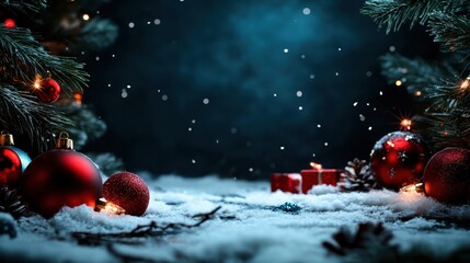 Red Christmas ornaments and lit candles are nestled in snow against a backdrop of pine trees, creating a warm, festive ambiance perfect for the holiday season.