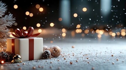 A beautifully wrapped present with a red bow sits in snowy surroundings, adorned with pinecones and shimmering lights, evoking a festive holiday spirit.