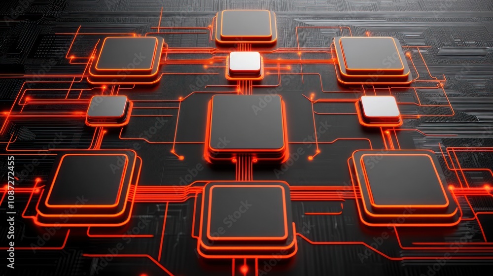 Poster a digital network of interconnected processors with glowing lines, symbolizing technology and data f